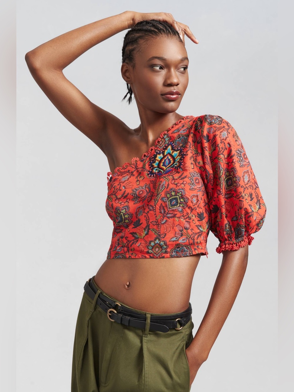 NWOT!! Farm Rio - One-Shoulder Crop Top - Red Floral - Size Medium